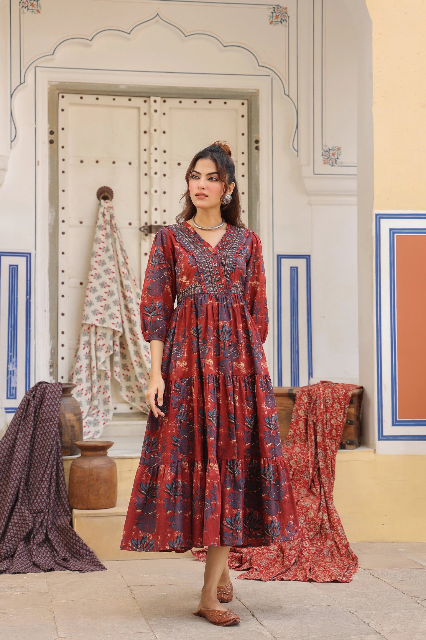 Women Rust Red Floral Printed Tiered Kurta Dress | Ethnic Cotton Casual Wear
