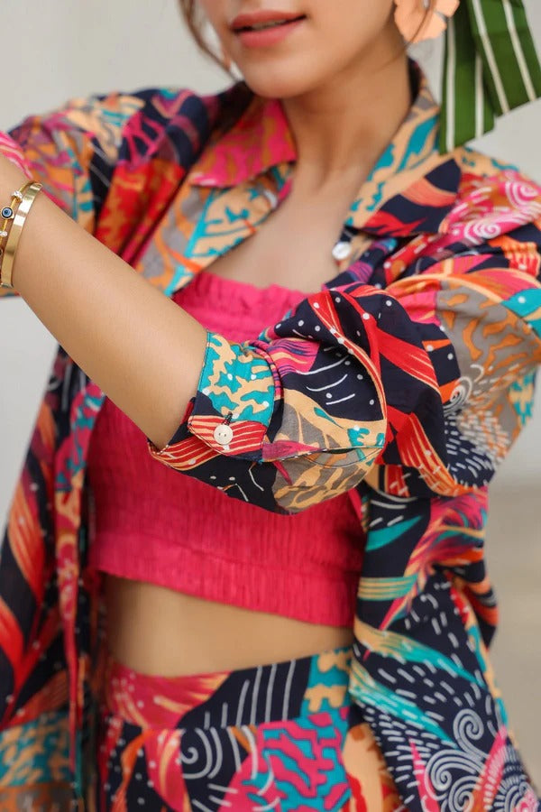 Women Tropical Printed 3-Piece Co-Ord Set | Crop Top, Jacket & Pant Outfit