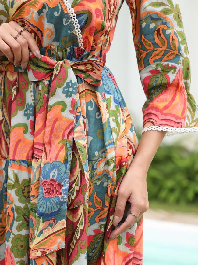 Women Multicolor Paisley Printed Tiered Kurta Dress with Belt | Boho Ethnic Cotton Wear
