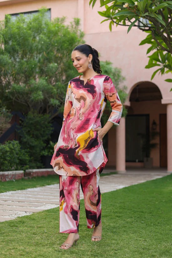 Women Abstract Printed Kurta Pant Set | Stylish Pink Designer Co-Ord Set