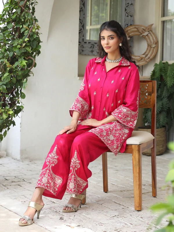 Women Pink Embroidered Kurta Pant Set | Elegant Festive Ethnic Outfit