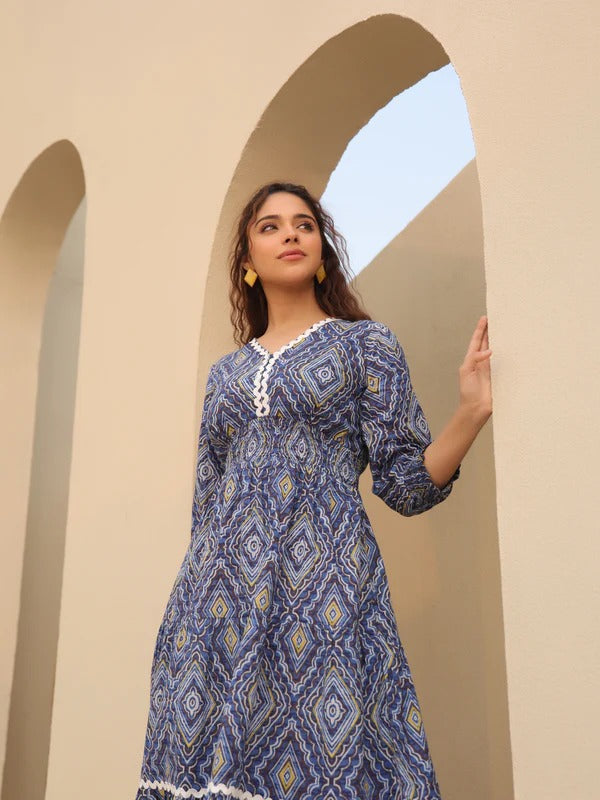 Women Blue Geometric Printed Tiered Maxi Dress | Elegant Boho Cotton Dress