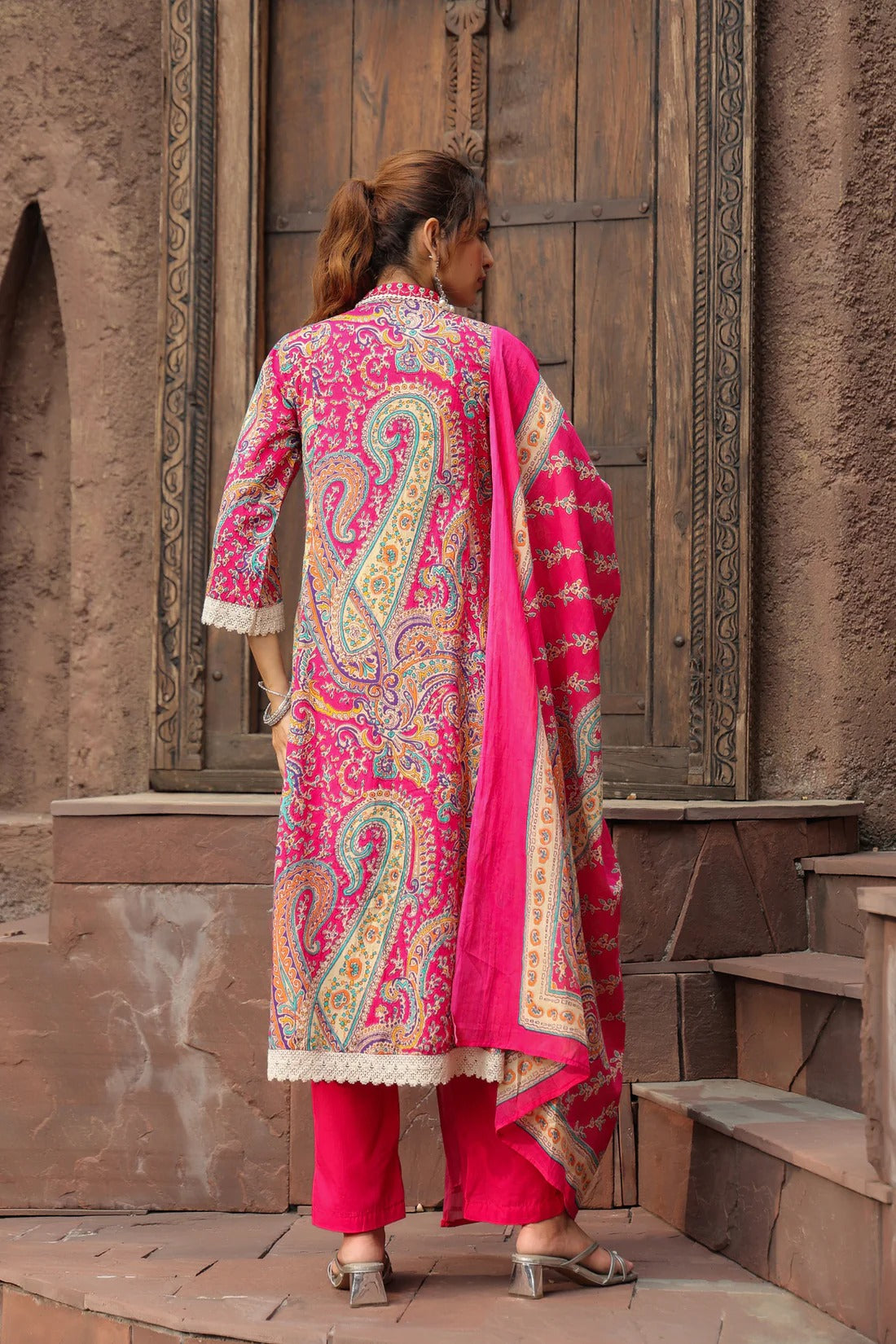 Women Pink Paisley Printed Anarkali Kurta Set with Dupatta | Festive Ethnic Wear