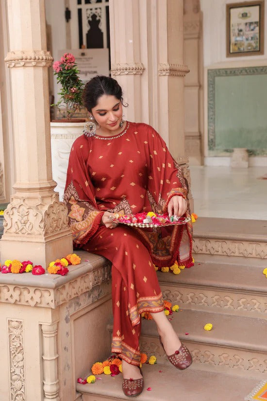 Women Rust Red Ethnic Printed Kurta Pant Set with Cape Sleeves | Festive Co-Ord Set