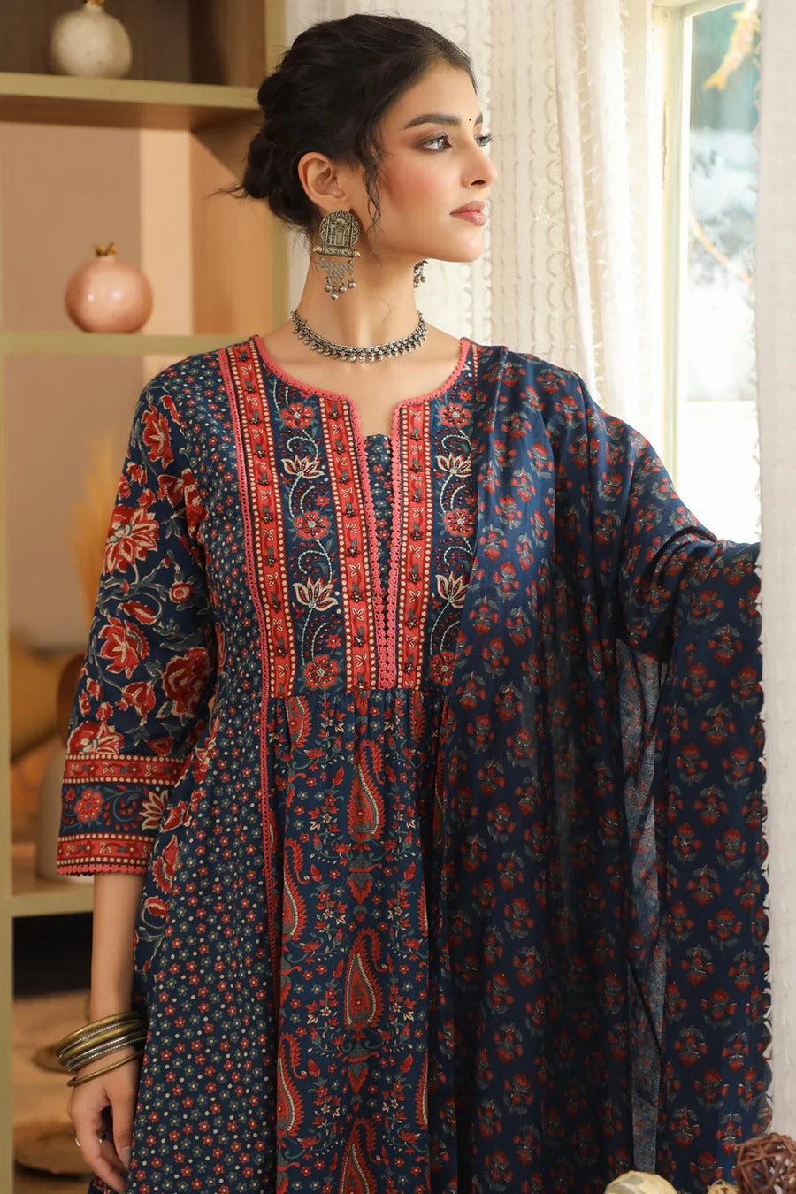 Women Navy Blue Printed Anarkali Kurta Set with Dupatta | Elegant Ethnic Wear