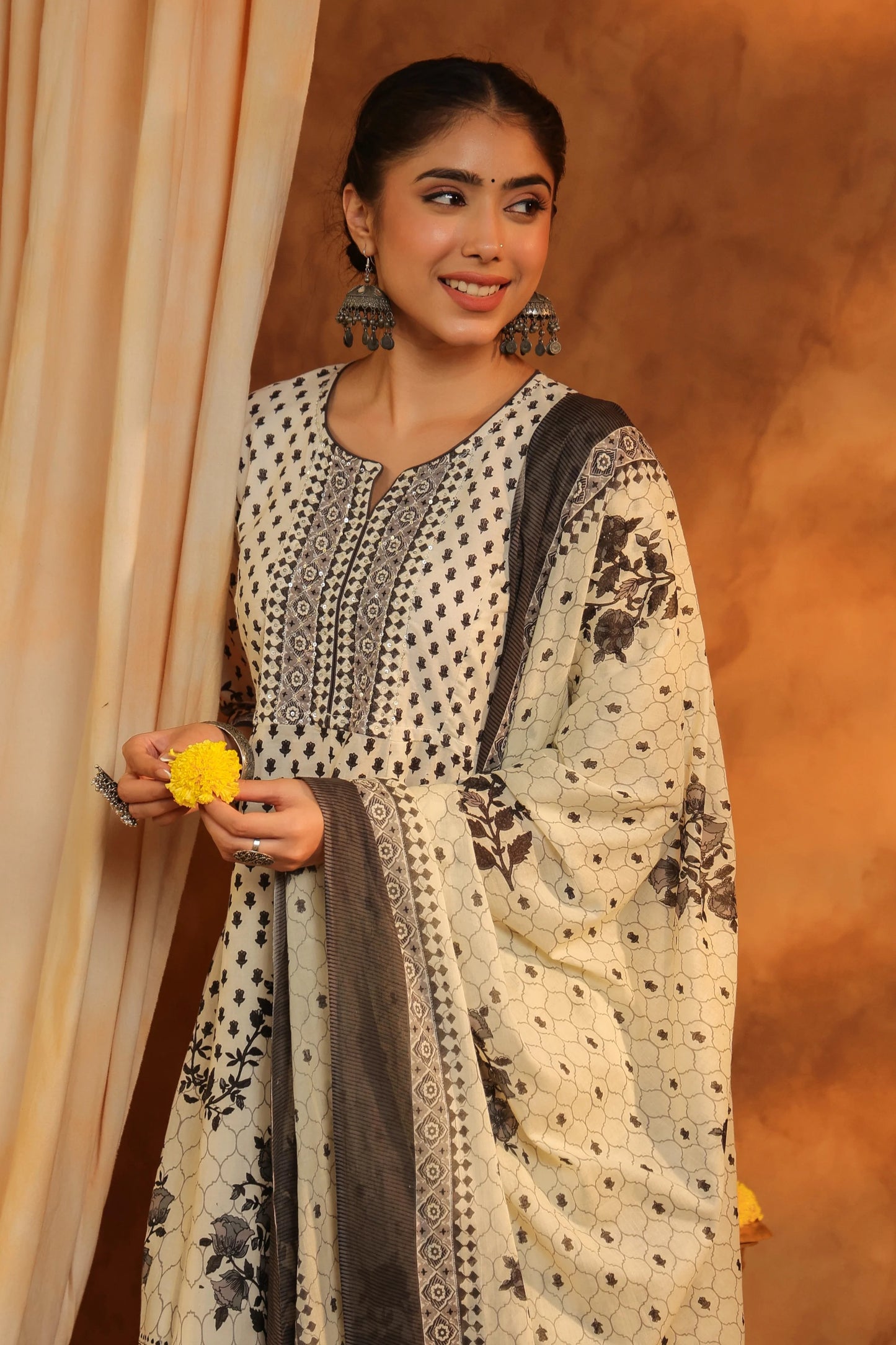 Women Cream & Black Printed Anarkali Kurta Set with Dupatta | Elegant Ethnic Wear