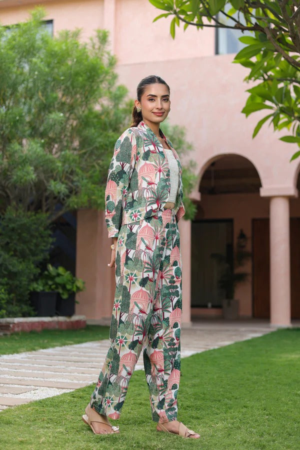 Women Botanical Printed 3-Piece Co-Ord Set | Crop Top, Jacket & Pant Set