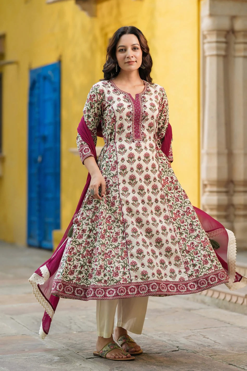 Women Cream Floral Printed Anarkali Kurta Set with Maroon Dupatta | Traditional Ethnic Wear