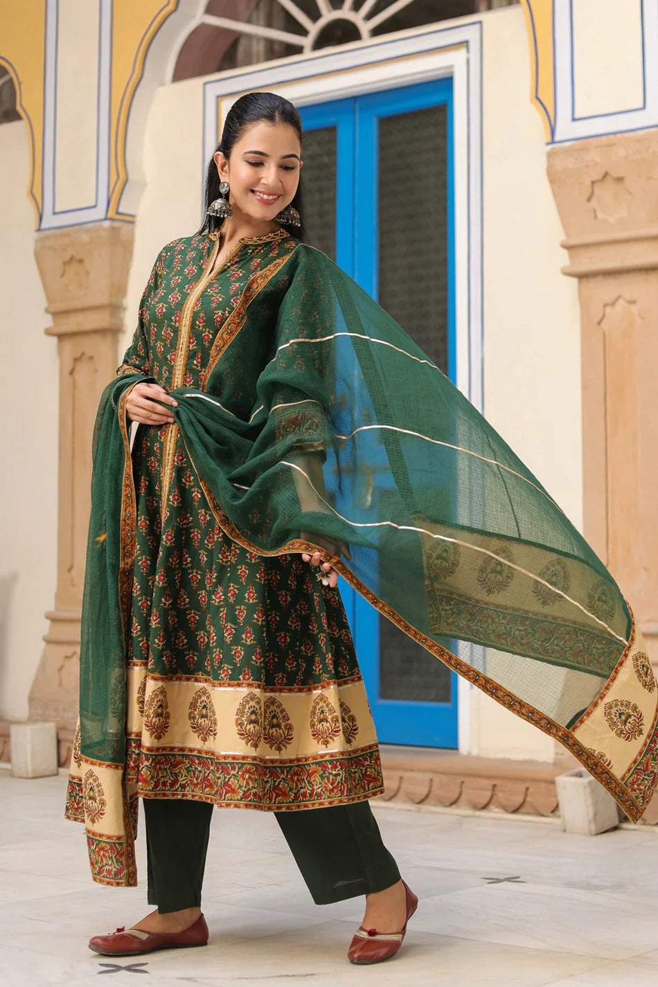 Women Green Floral Printed Anarkali Kurta Set with Dupatta | Festive Ethnic Wear