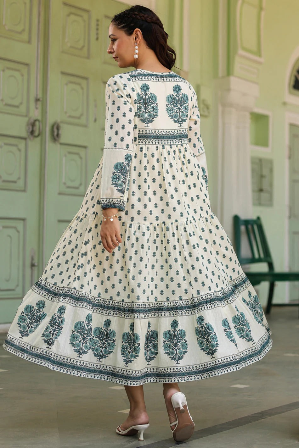 Women Off-White Floral Printed Tiered Kurta Dress | Elegant Ethnic Cotton Wear