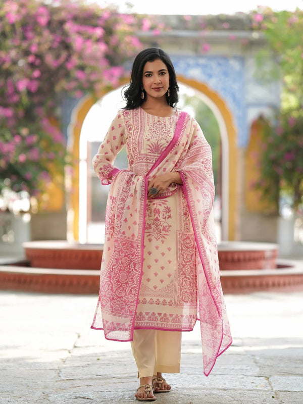 Women Cream & Pink Printed Kurta Set with Dupatta | Elegant Ethnic Wear