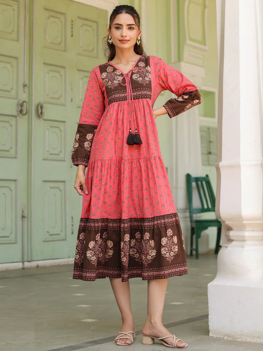Women Coral Pink Printed Tiered Kurta Dress with Tassel Tie-Up | Ethnic Cotton Wear