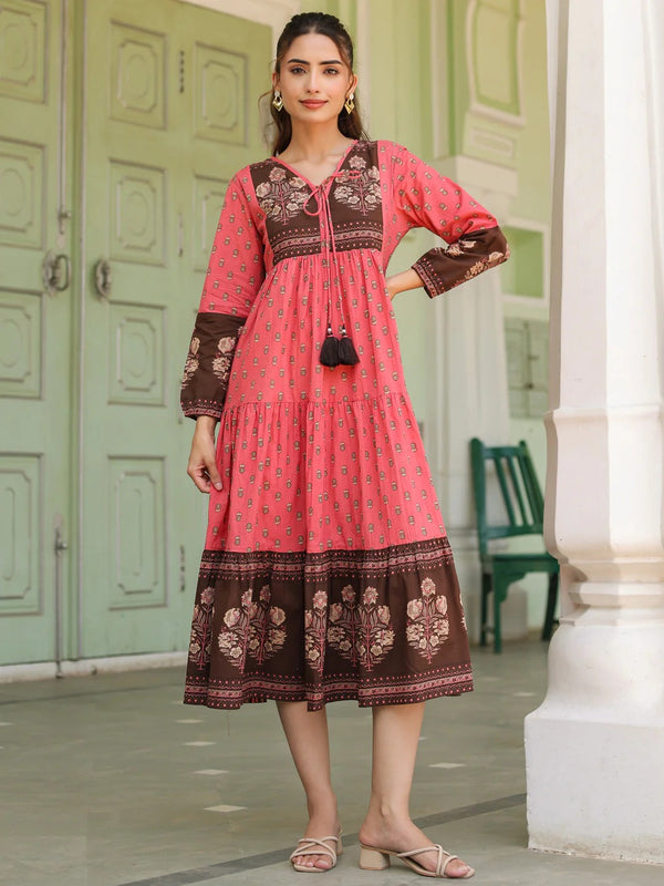 Women Coral Pink Printed Tiered Kurta Dress with Tassel Tie-Up | Ethnic Cotton Wear