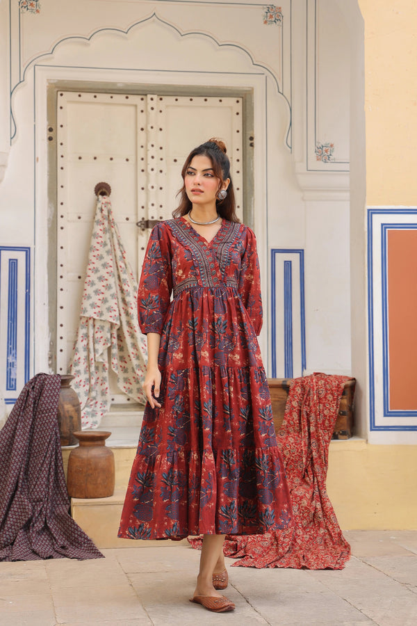 Women Rust Red Floral Printed Tiered Kurta Dress | Ethnic Cotton Casual Wear