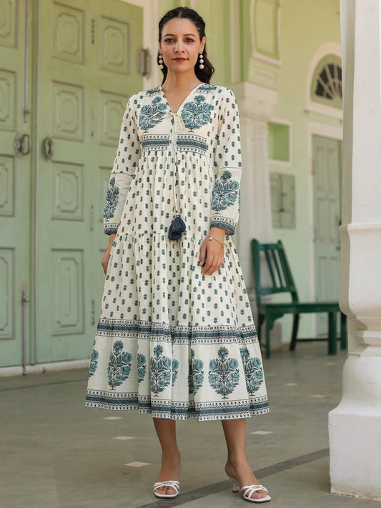 Women Off-White Floral Printed Tiered Kurta Dress | Elegant Ethnic Cotton Wear