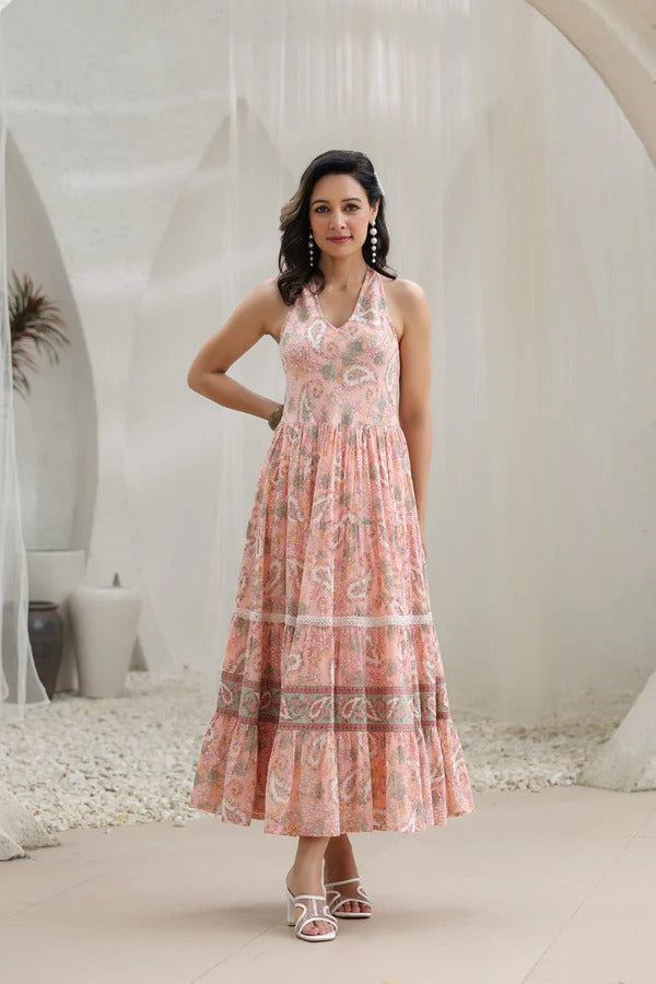 Women Peach Floral Printed Halter Neck Maxi Dress | Elegant Summer Resort Wear