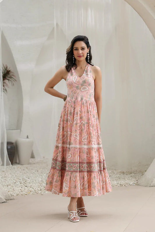 Women Peach Floral Printed Halter Neck Maxi Dress | Elegant Summer Resort Wear