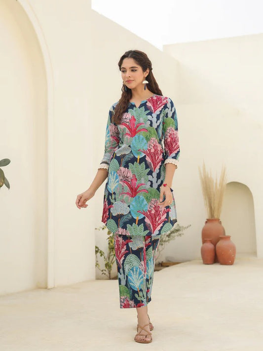 Women Multicolor Botanical Printed Kurta Pant Set | Stylish Ethnic Co-Ord Set