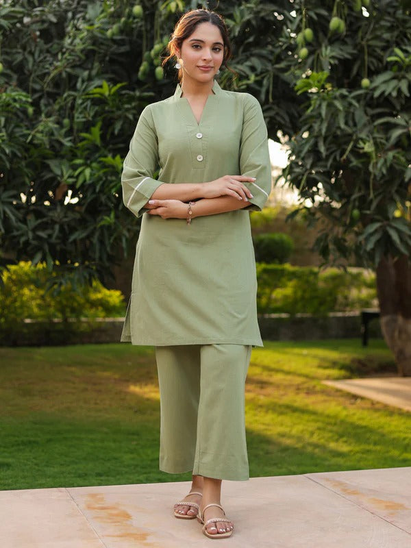 Women Sage Green Solid Kurta Pant Set | Elegant Straight Kurta Co-Ord Set