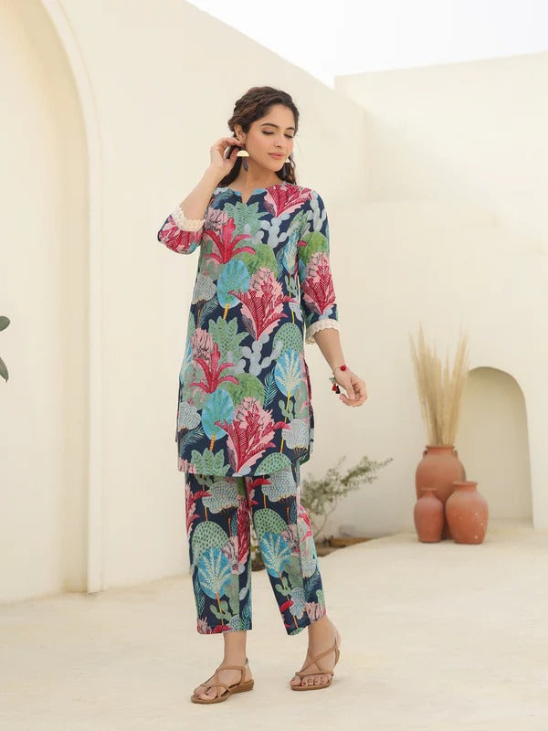 Women Multicolor Botanical Printed Kurta Pant Set | Stylish Ethnic Co-Ord Set