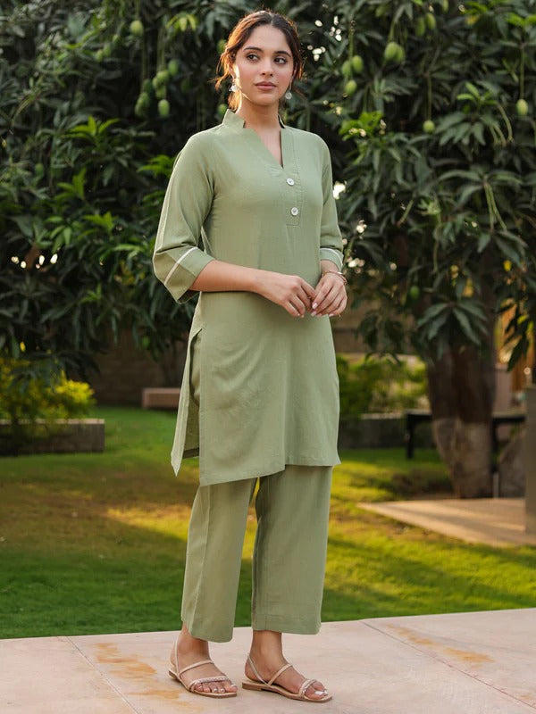 Women Sage Green Solid Kurta Pant Set | Elegant Straight Kurta Co-Ord Set
