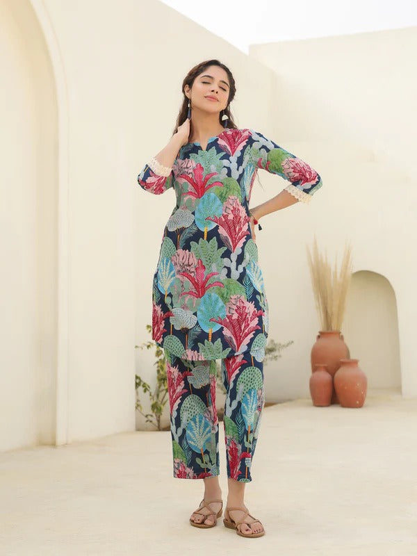Women Multicolor Botanical Printed Kurta Pant Set | Stylish Ethnic Co-Ord Set