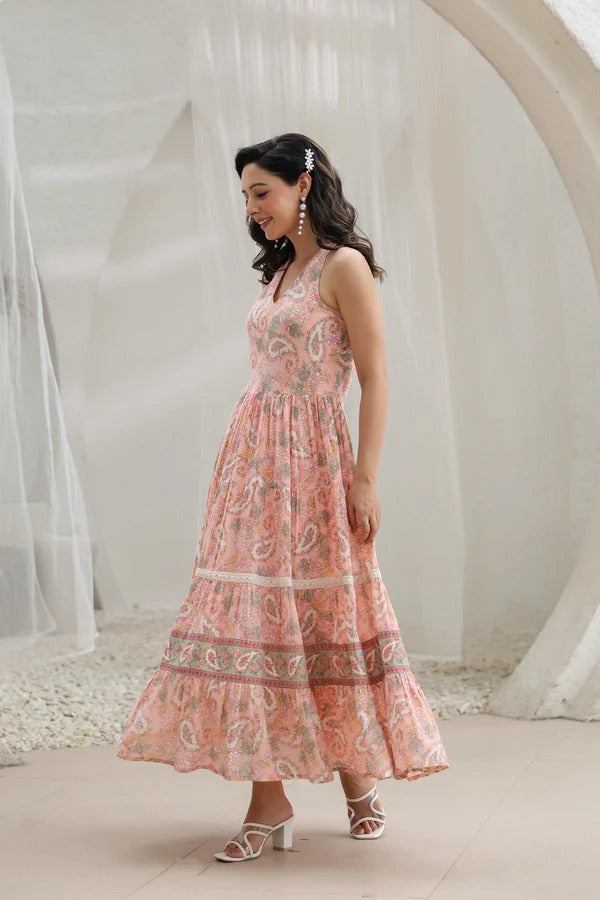 Women Peach Floral Printed Halter Neck Maxi Dress | Elegant Summer Resort Wear