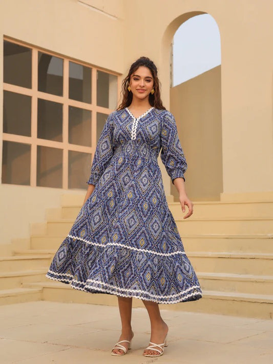Women Blue Geometric Printed Tiered Maxi Dress | Elegant Boho Cotton Dress
