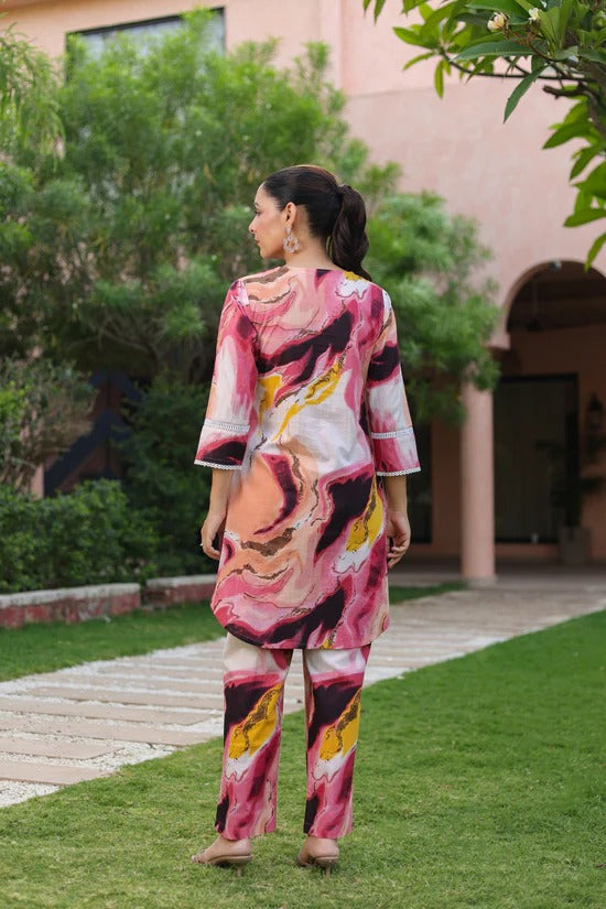 Women Abstract Printed Kurta Pant Set | Stylish Pink Designer Co-Ord Set