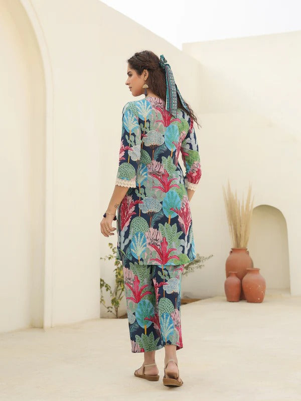 Women Multicolor Botanical Printed Kurta Pant Set | Stylish Ethnic Co-Ord Set