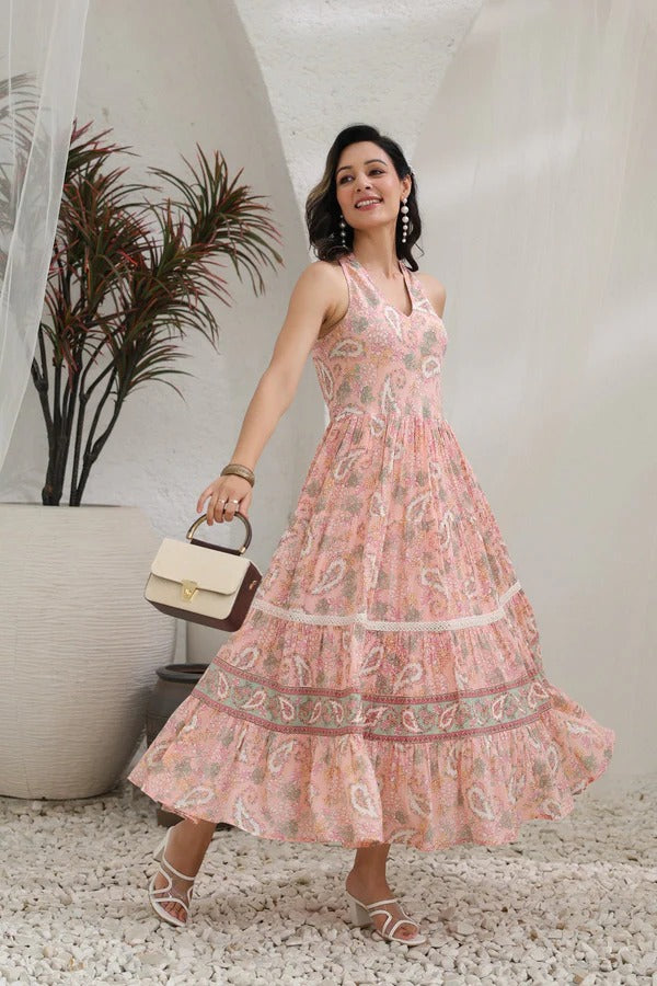 Women Peach Floral Printed Halter Neck Maxi Dress | Elegant Summer Resort Wear