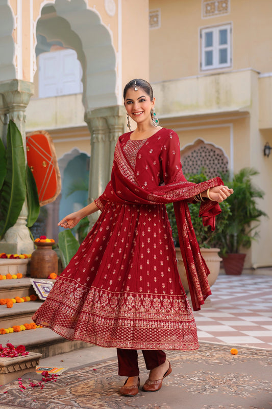 Women Maroon Anarkali Kurta Set with Dupatta | Festive Ethnic Wear