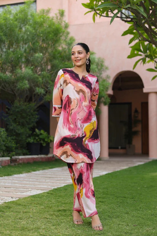 Women Abstract Printed Kurta Pant Set | Stylish Pink Designer Co-Ord Set