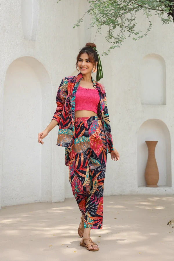 Women Tropical Printed 3-Piece Co-Ord Set | Crop Top, Jacket & Pant Outfit