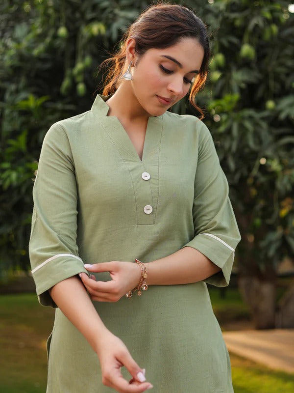 Women Sage Green Solid Kurta Pant Set | Elegant Straight Kurta Co-Ord Set
