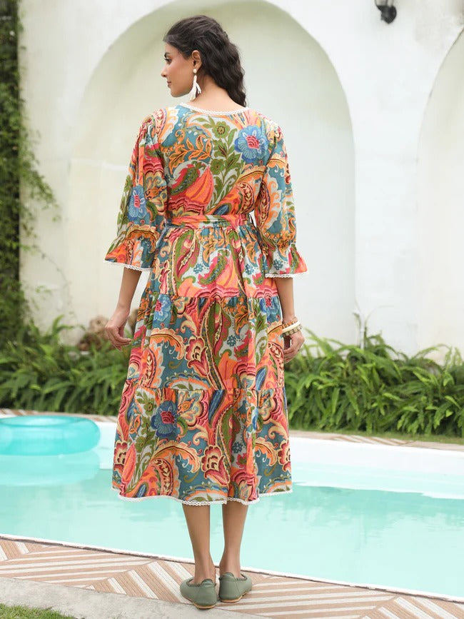 Women Multicolor Paisley Printed Tiered Kurta Dress with Belt | Boho Ethnic Cotton Wear