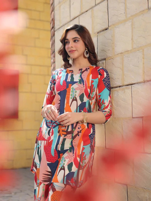 Women Multicolor Abstract Printed Kurta Pant Set | Stylish Designer Ethnic Set