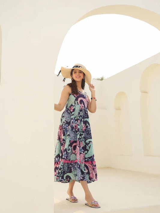 Women Navy Blue Paisley Printed Tiered Maxi Dress | Boho Summer Vacation Dress