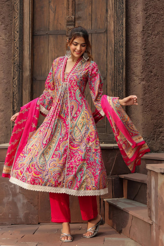 Women Pink Paisley Printed Anarkali Kurta Set with Dupatta | Festive Ethnic Wear