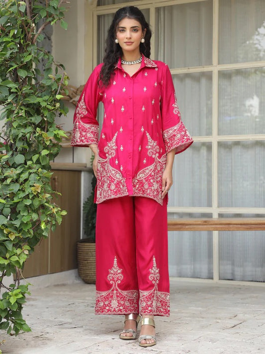 Women Pink Embroidered Kurta Pant Set | Elegant Festive Ethnic Outfit