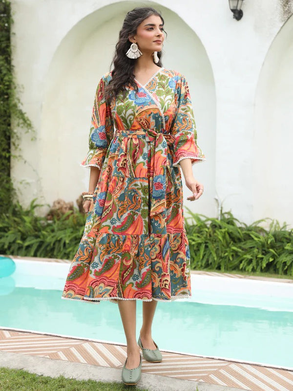 Women Multicolor Paisley Printed Tiered Kurta Dress with Belt | Boho Ethnic Cotton Wear