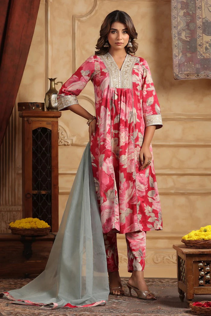 Women Pink Floral Printed Kurta Set with Dupatta | Elegant Ethnic Wear