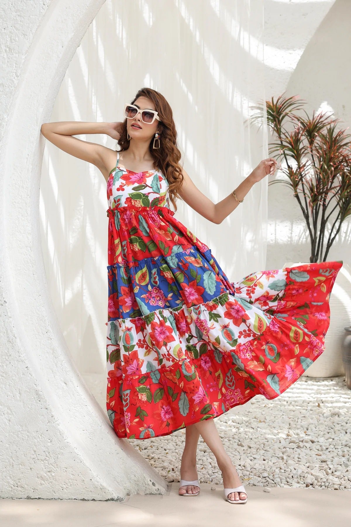 Women Multicolor Floral Printed Tiered Maxi Dress | Summer Vacation Boho Dress