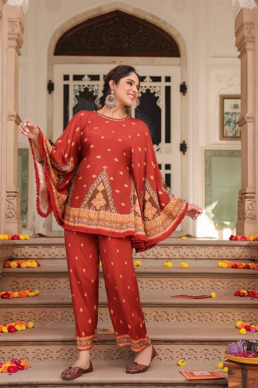Women Rust Red Ethnic Printed Kurta Pant Set with Cape Sleeves | Festive Co-Ord Set