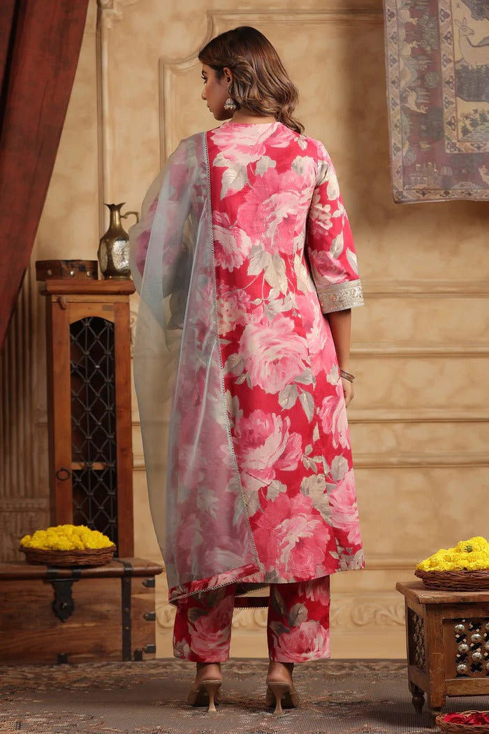 Women Pink Floral Printed Kurta Set with Dupatta | Elegant Ethnic Wear