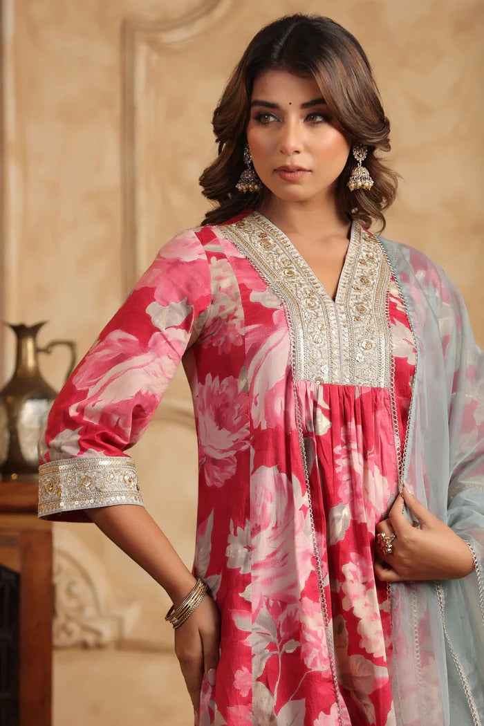 Women Pink Floral Printed Kurta Set with Dupatta | Elegant Ethnic Wear