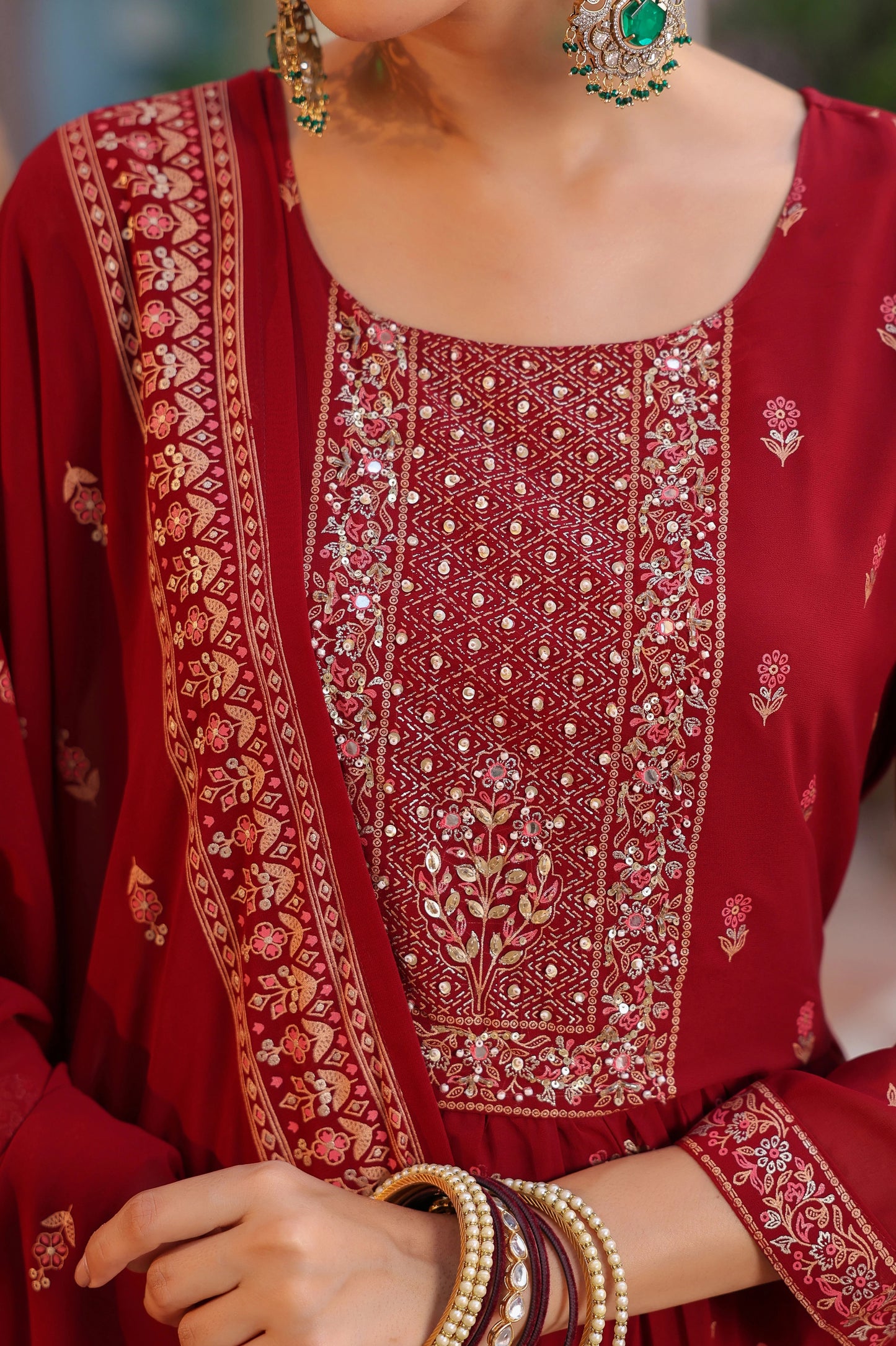 Women Maroon Anarkali Kurta Set with Dupatta | Festive Ethnic Wear