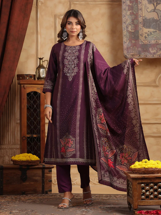 Women Wine Purple Embroidered Kurta Set with Dupatta | Festive Ethnic Wear