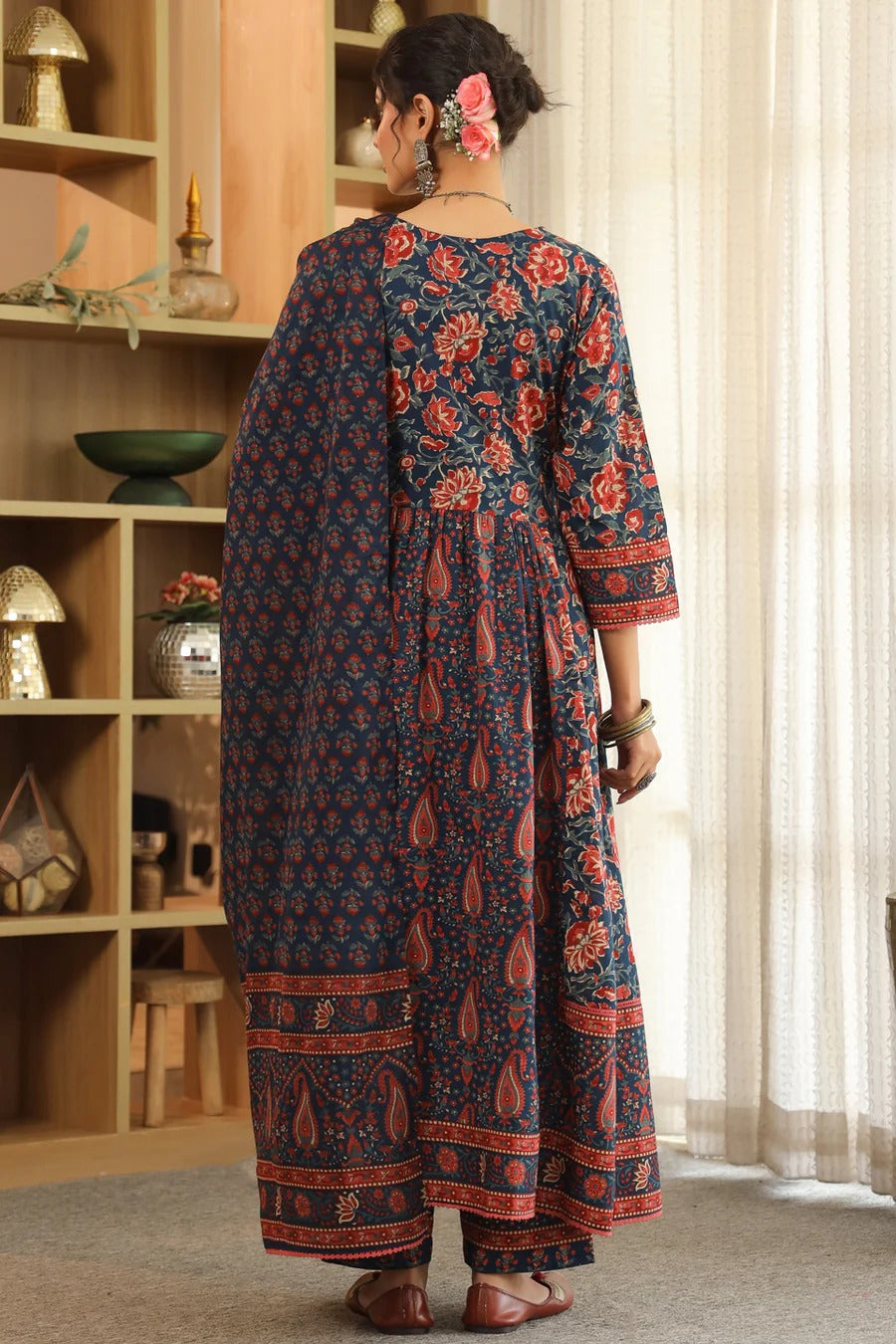 Women Navy Blue Printed Anarkali Kurta Set with Dupatta | Elegant Ethnic Wear