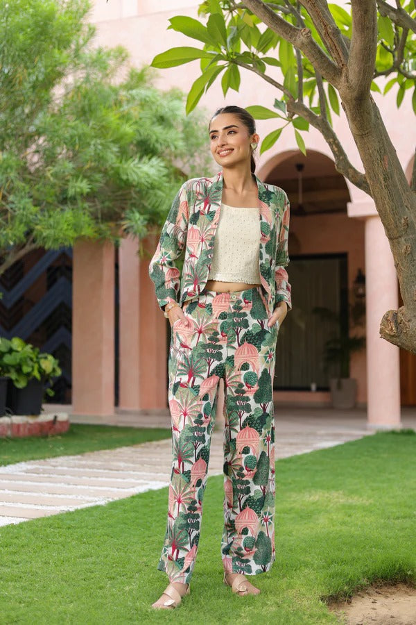 Women Botanical Printed 3-Piece Co-Ord Set | Crop Top, Jacket & Pant Set
